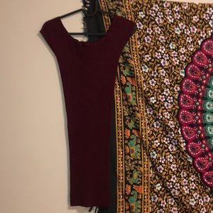 Burgundy ribbed off the shoulder mini dress